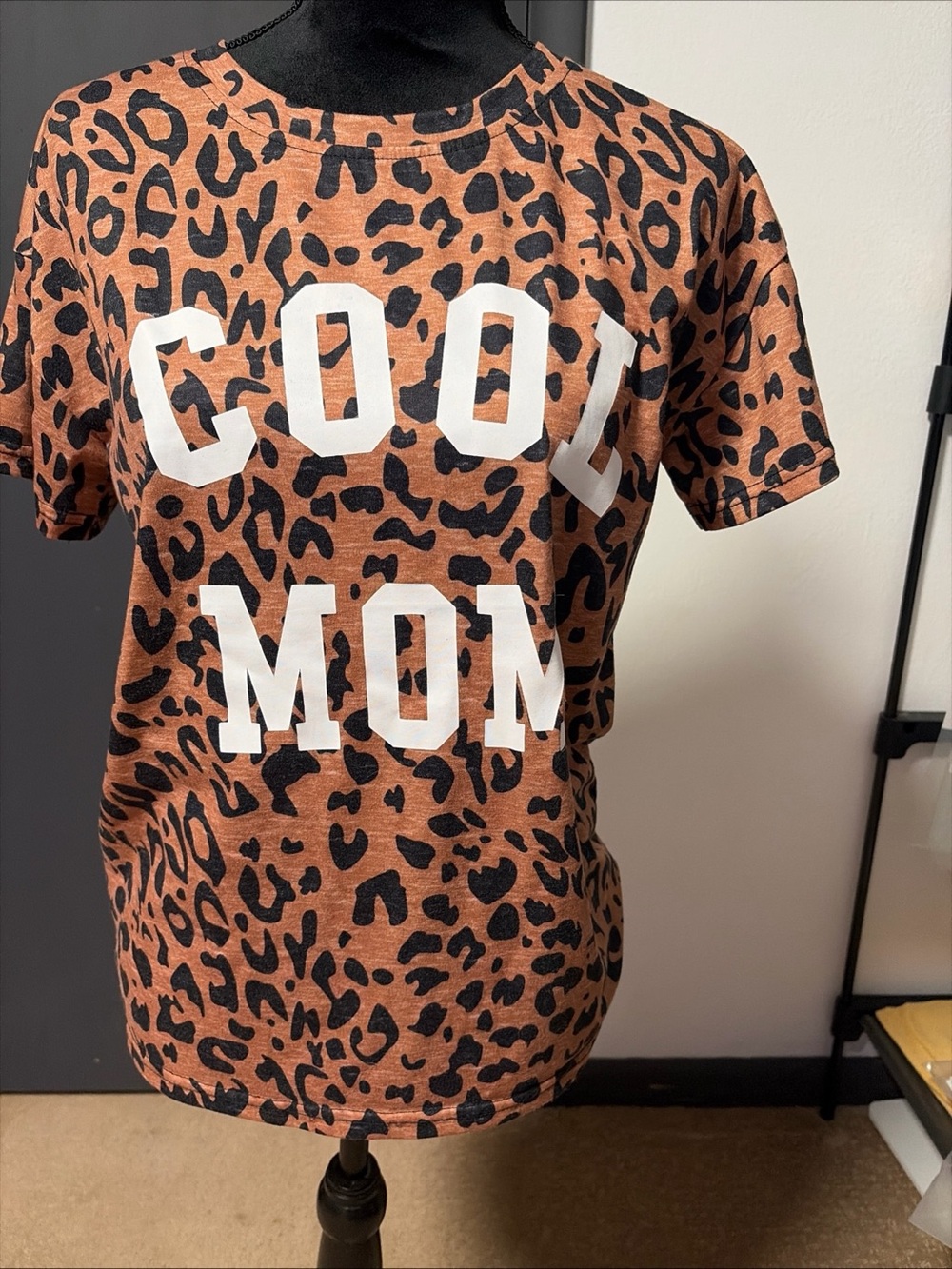 Leopard Print "COOL MOM" Short Sleeve Tee in Brown